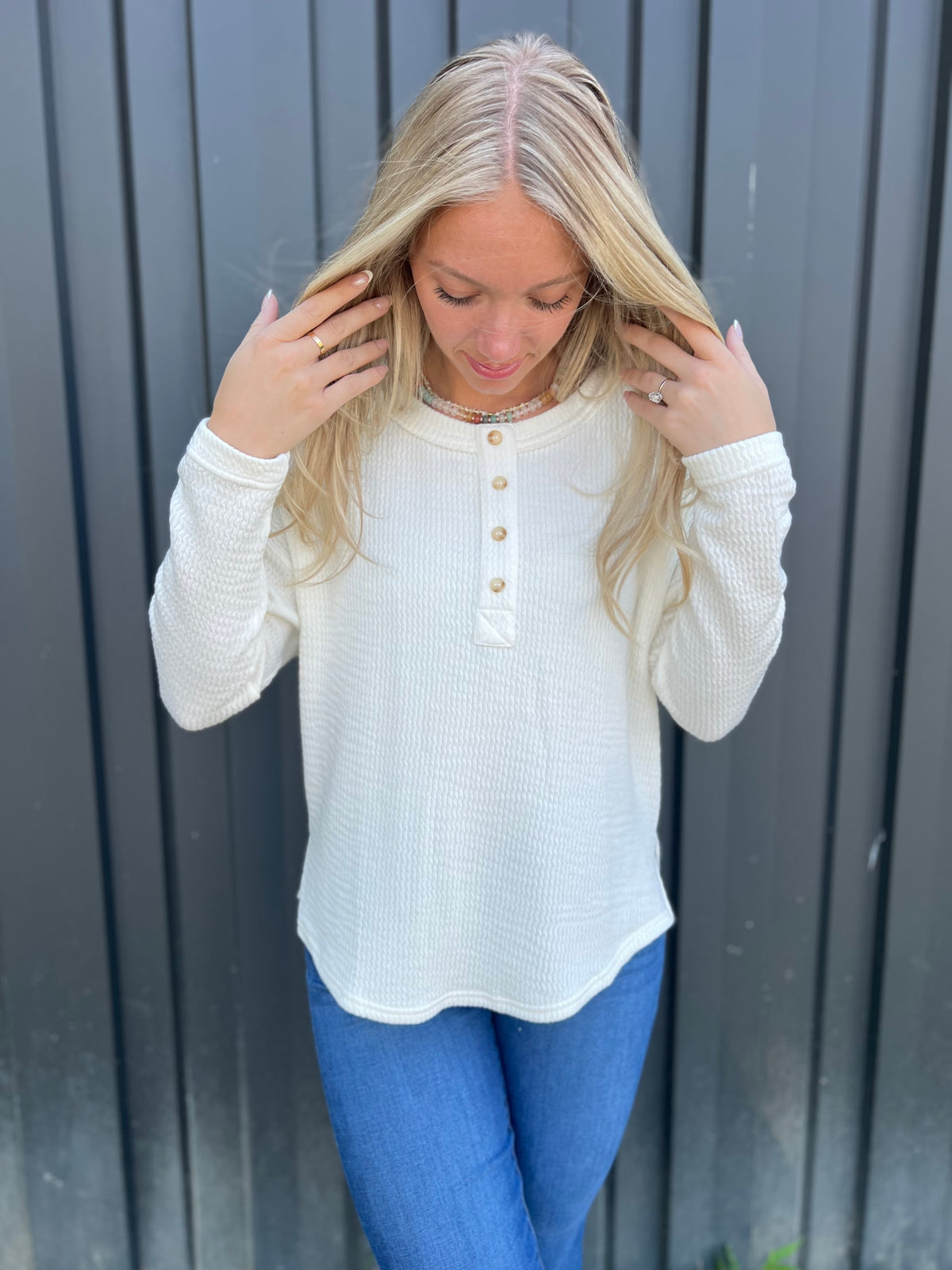 Cream Waffle Knit Henley Top