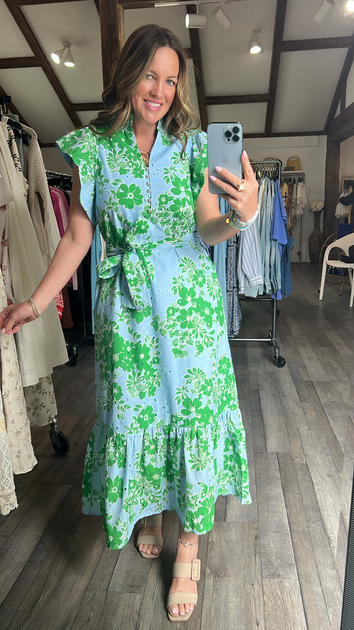 Coastal Bloom Eyelet Tie-Waist Dress