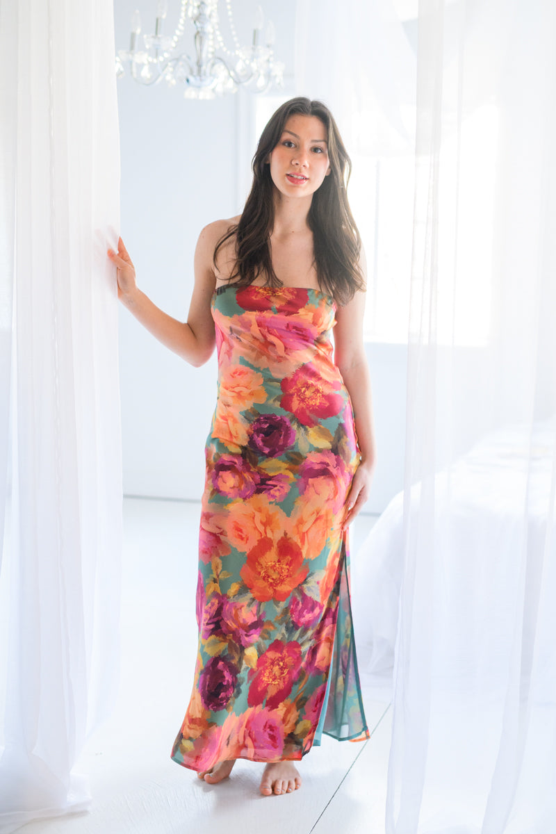 Parisian Floral Satin Tube Dress