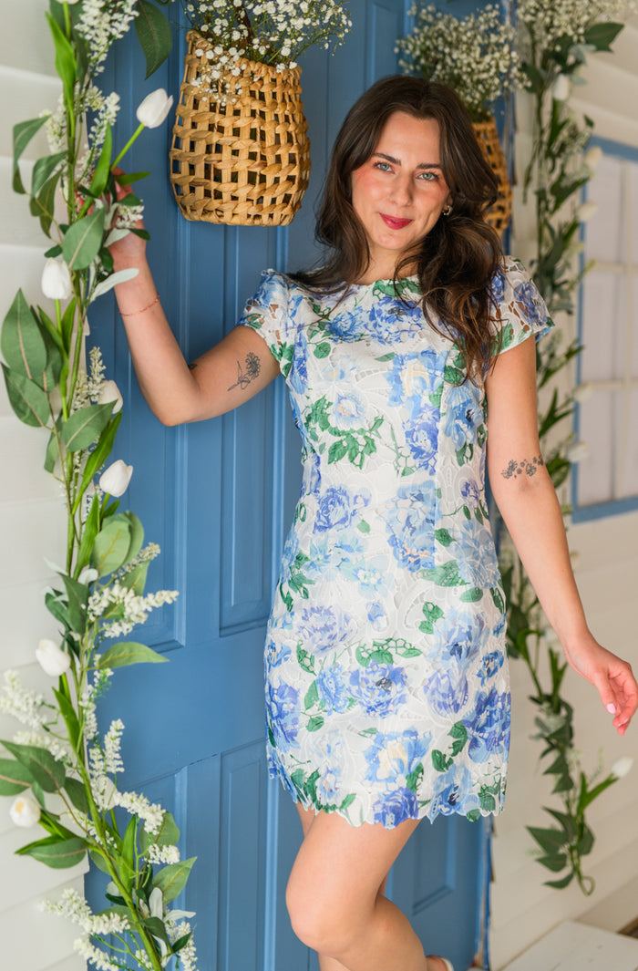 Blue Porcelain Cap Sleeve Mini Dress