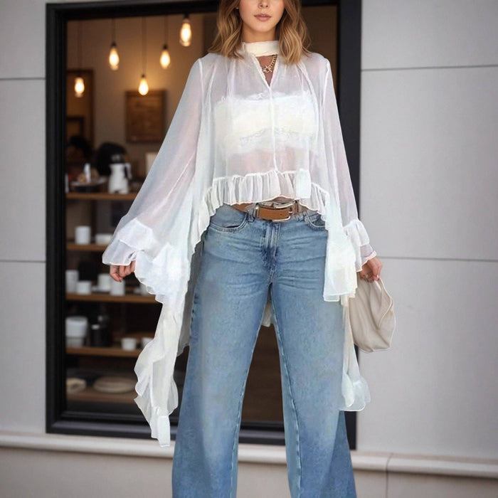 White Sheer Cape Flutter Blouse
