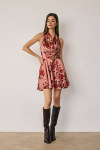 Falon Floral Satin Draped Halter Mini Dress