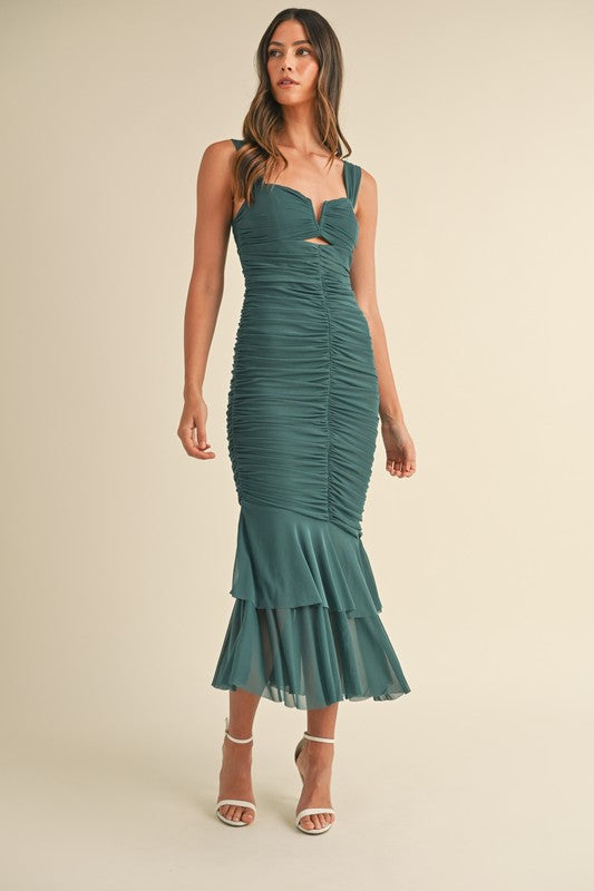 Teal Ruched Mesh Fish Tale Dress