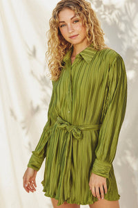 Olive Micro Pleat Tie Waist Mini Dress