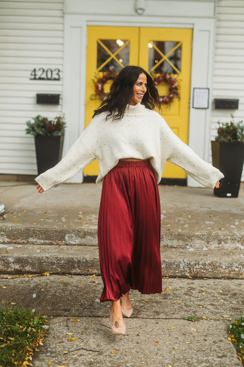 Burgundy Pleated Midi Skirt