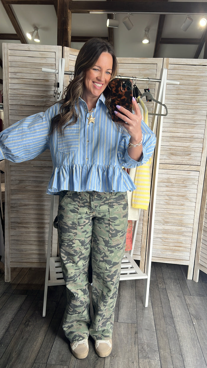 Blue Striped Boxy Crop Ruffle Button Top