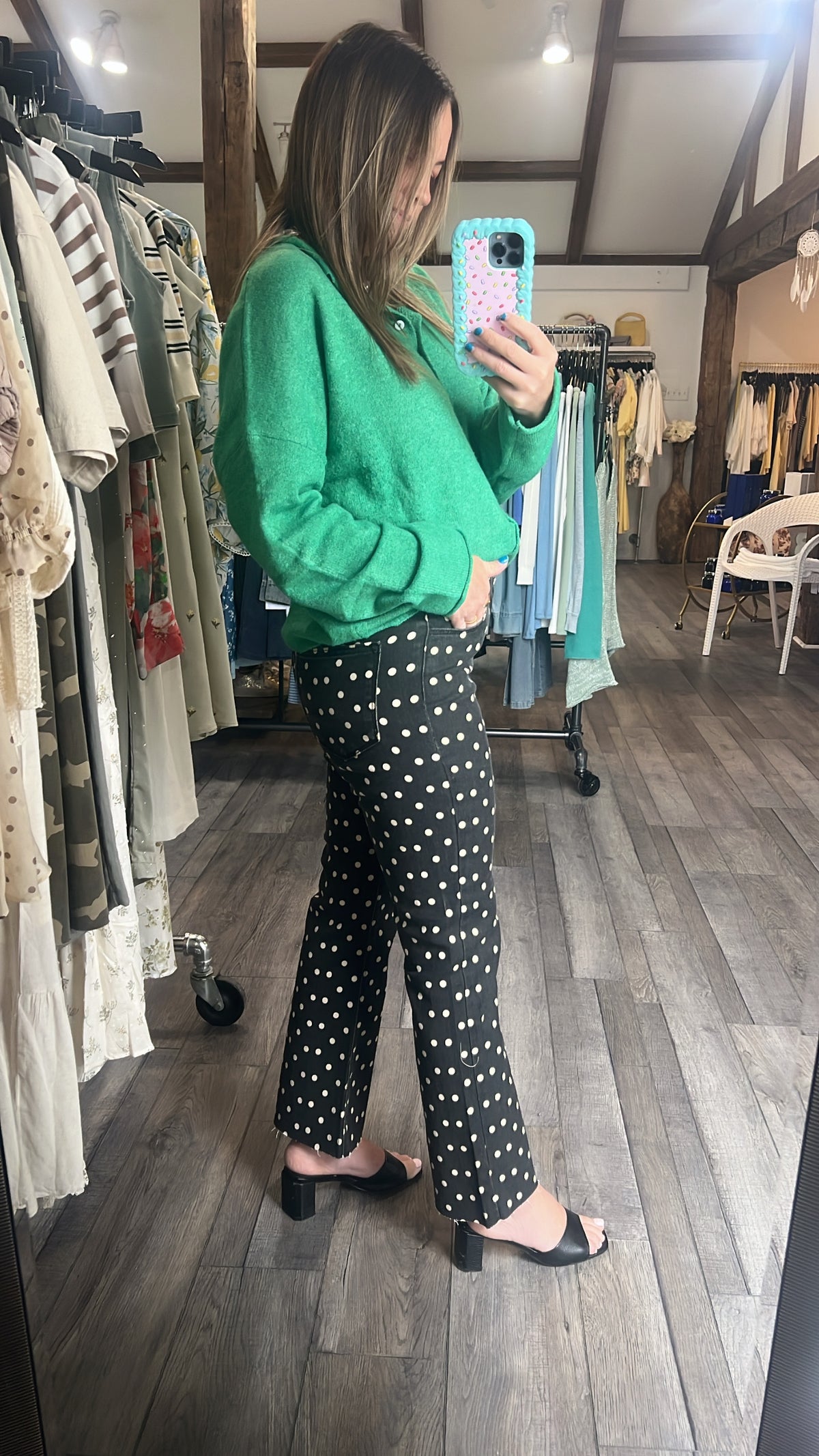 Polka Dot High Rise Crop Flare Jean - Just Black