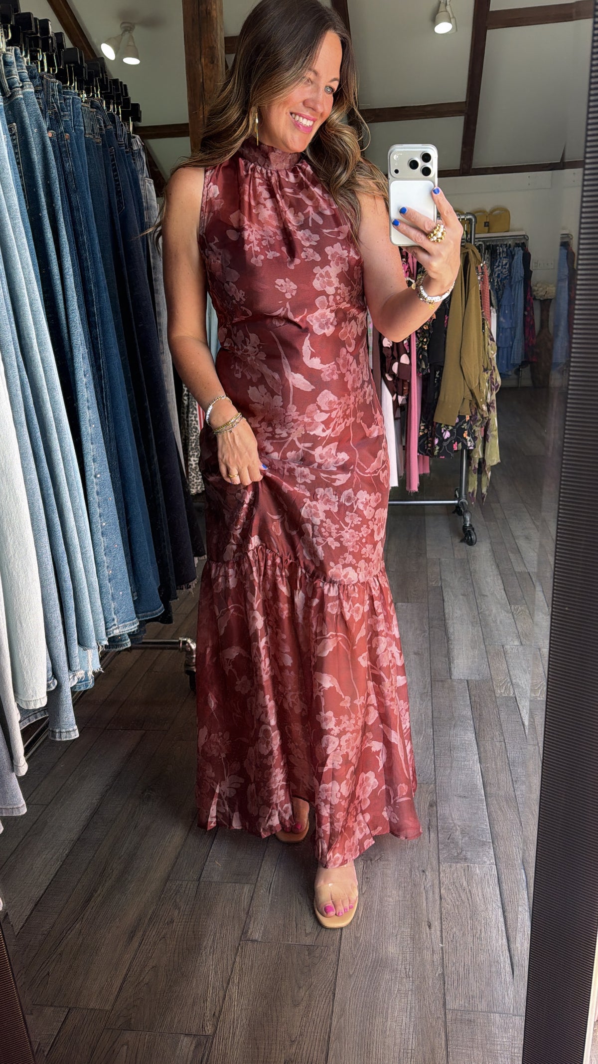 Autumn Rose Organza Mock Neck Maxi Dress