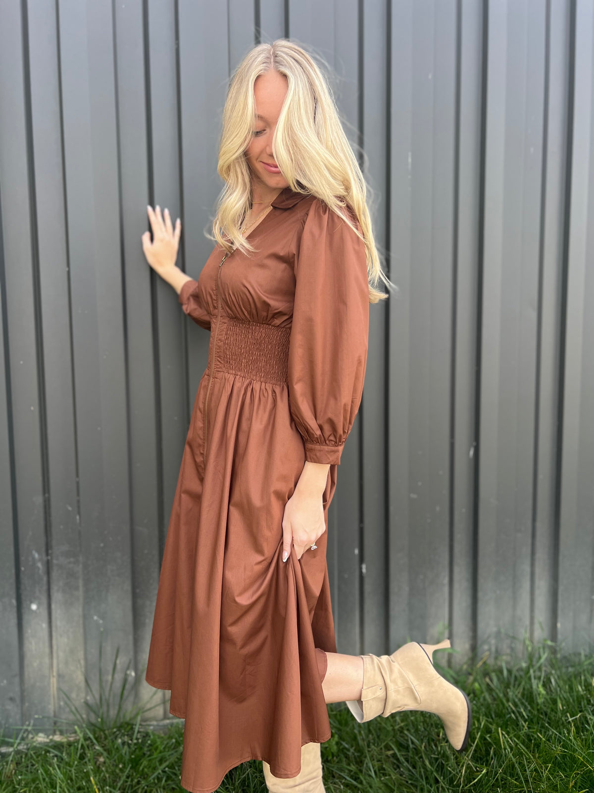 Brownie Zipper Cinch Waist L/S Dress