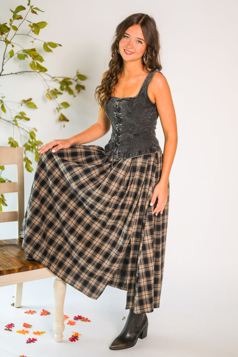 Plaid & Proper Pleated Midi Skirt
