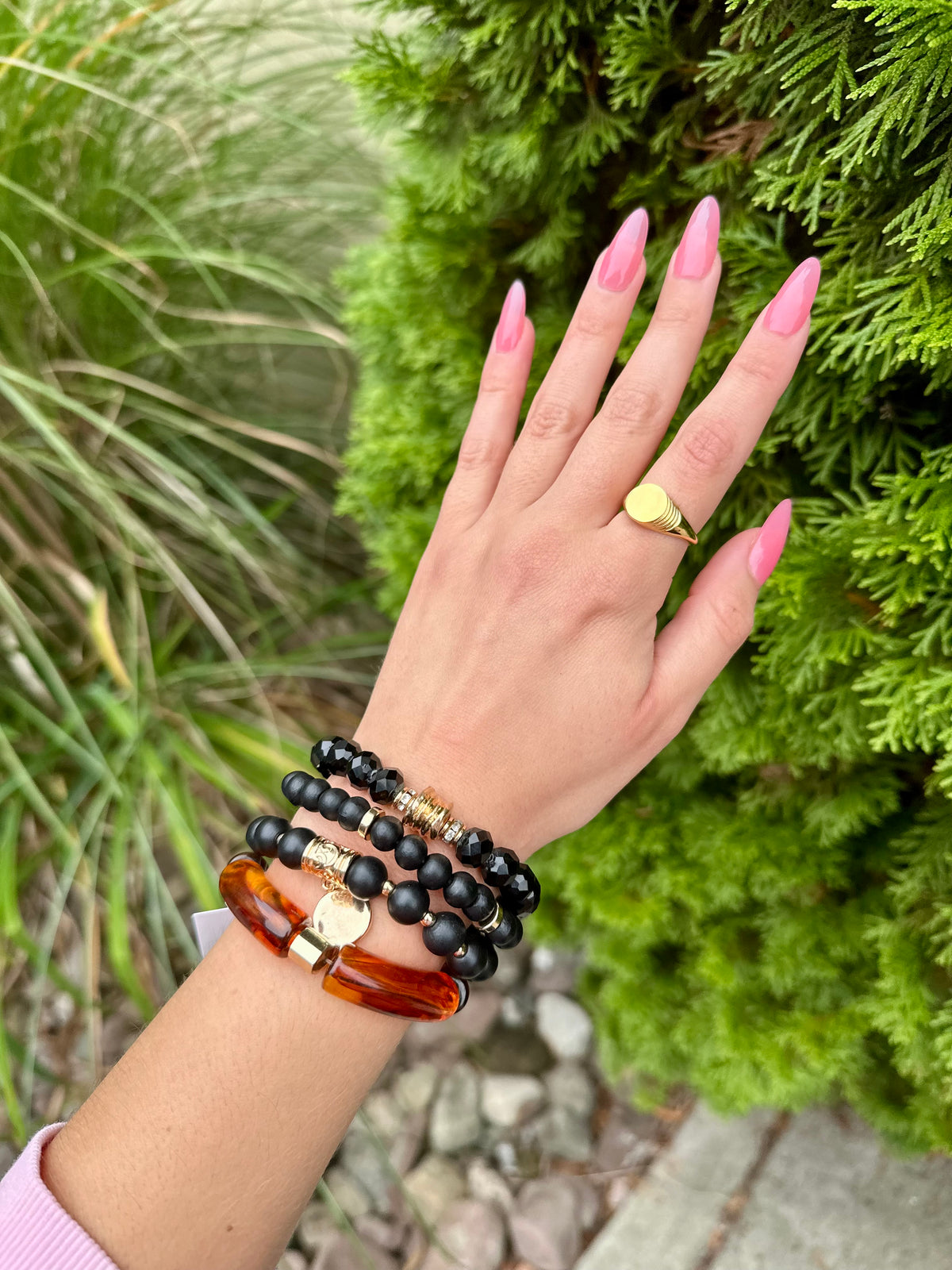 4 Row Wood & Metal Charm Bracelet Black