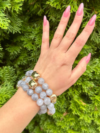 3 Row Oval Grey Stone & Beaded Bracelet