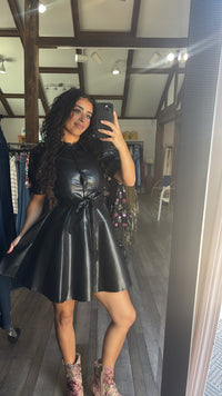 Black Night Faux Leather Button Dress With Eyelet Cutout Sleeve