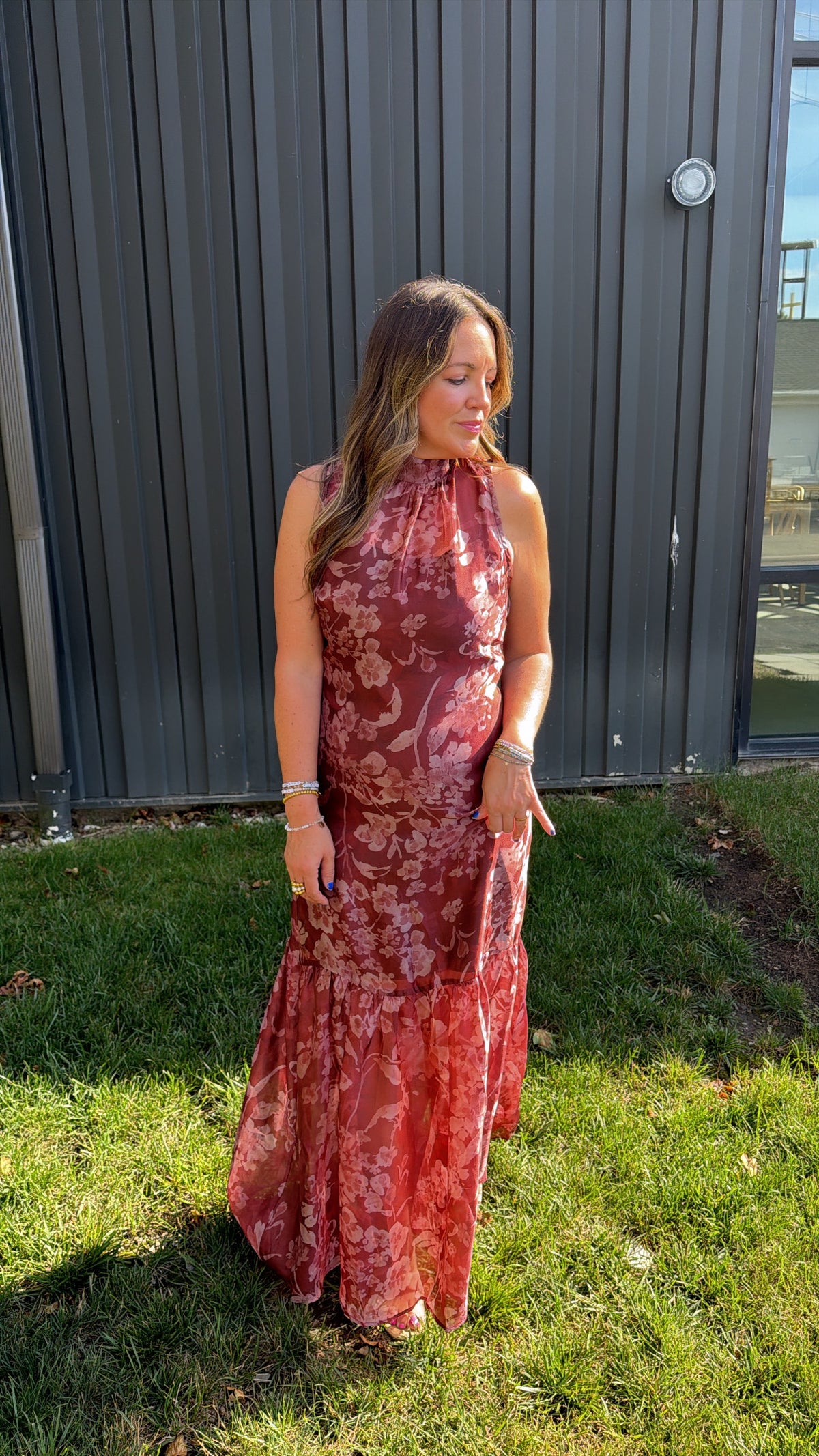 Autumn Rose Organza Mock Neck Maxi Dress