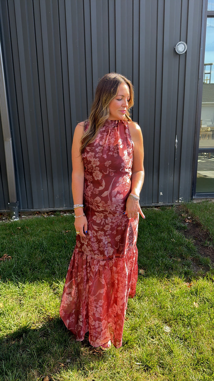 Autumn Rose Organza Mock Neck Maxi Dress