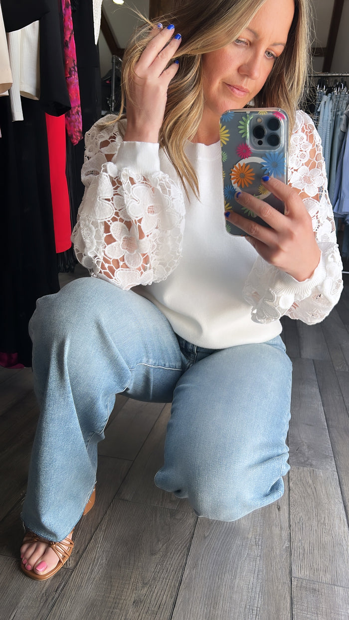 White Lace Sleeve Sweater