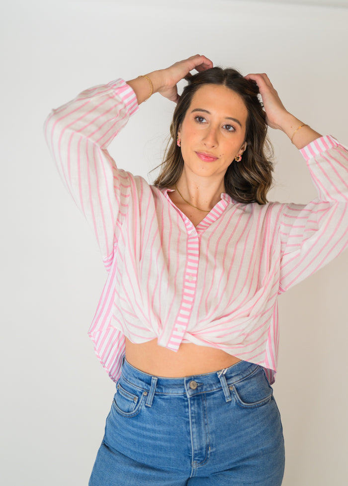 Pink Stripe Twist Button Top