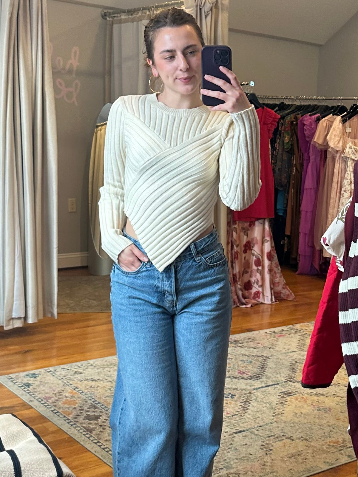 Cream Asymmetrical Hem Sweater