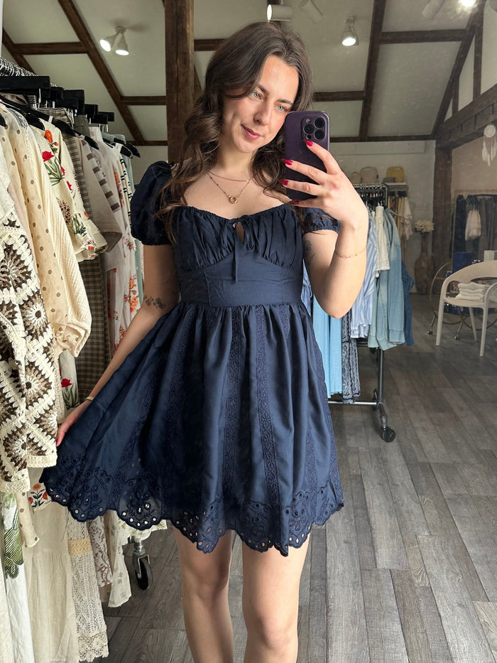 Navy Night Scalloped Hem Stitch Puff Mini Dress