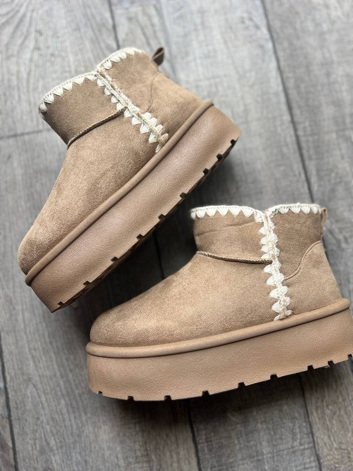 Oatmeal Faux Suede Bootie with Stitching