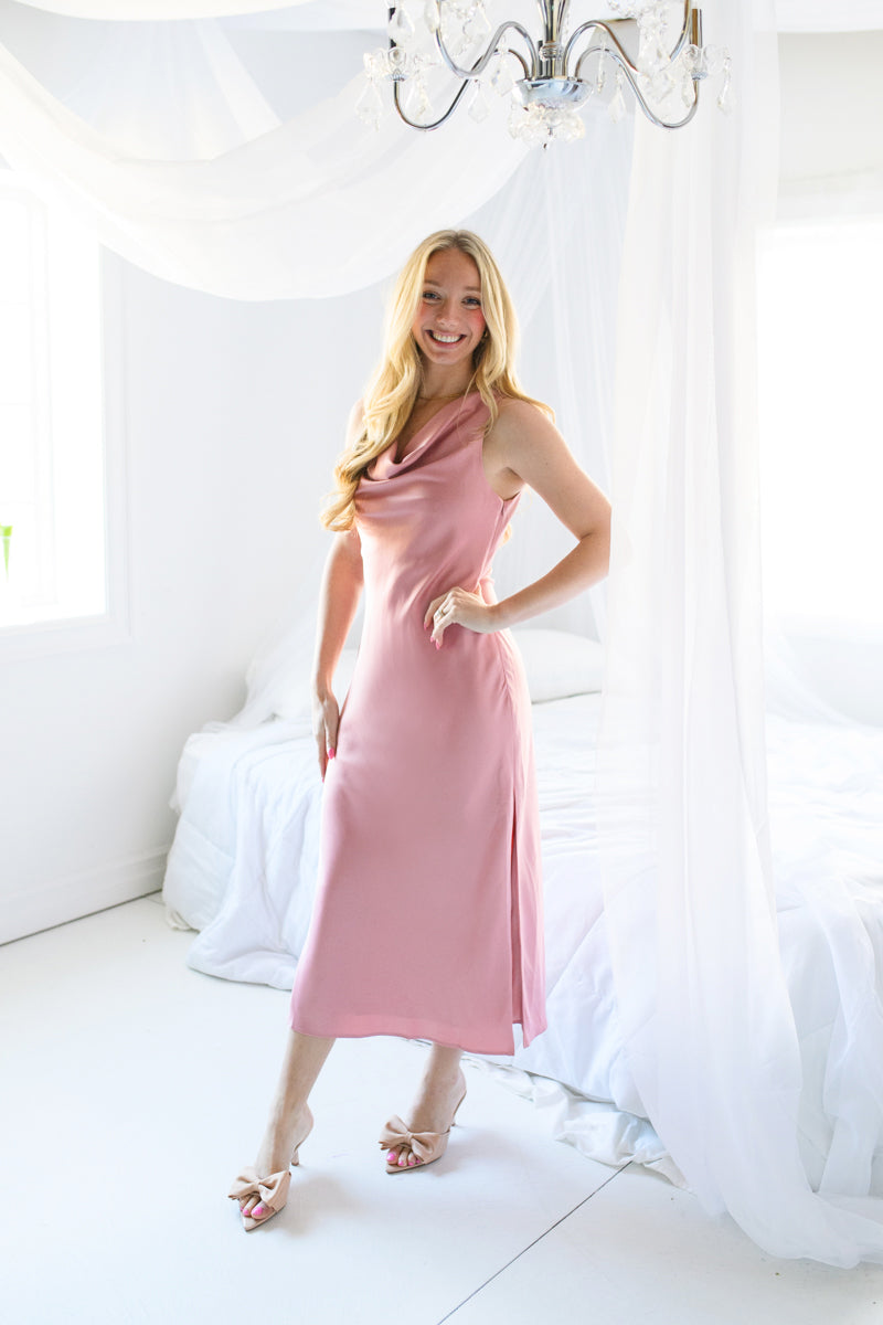 Satin Mirage Cowl Neck Midi Dress