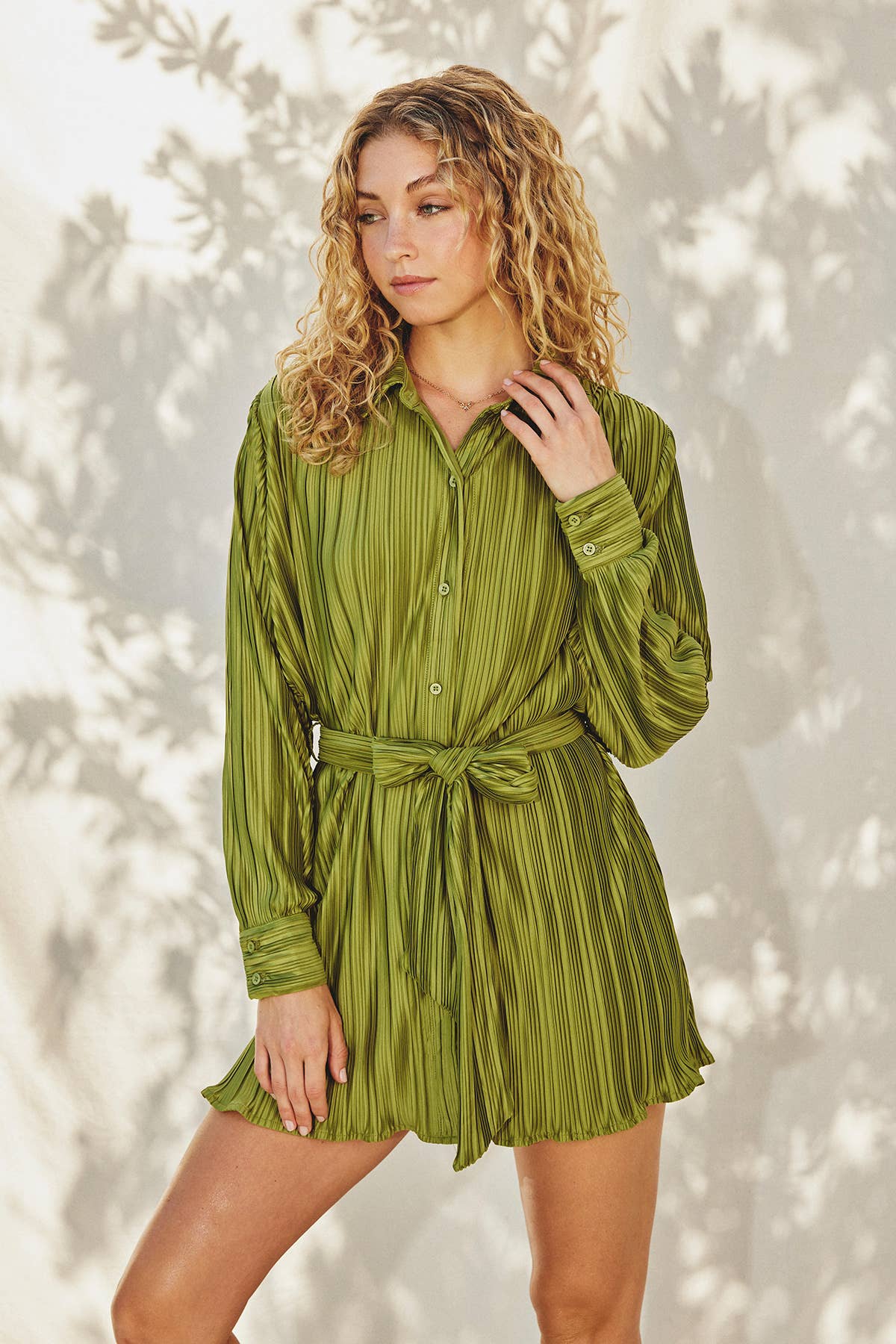 Olive Micro Pleat Tie Waist Mini Dress