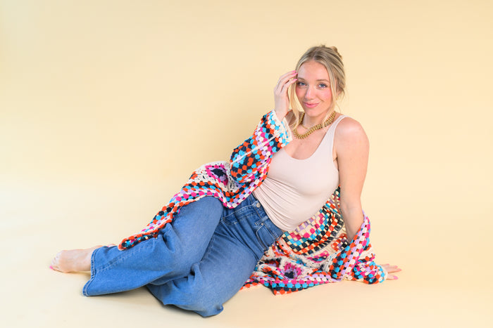 Boho Babe Long Sleeve V Colorful Crochet Cardigan