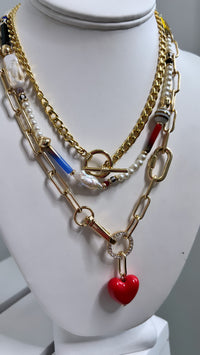 Red Heart Charm Carabiner Chain Necklace