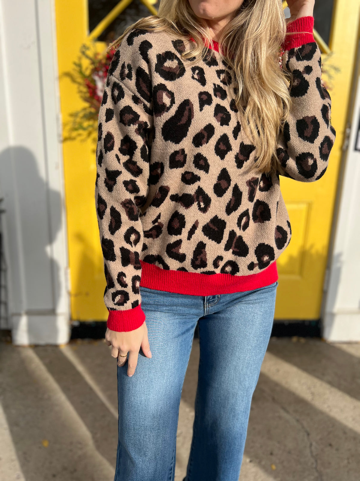 Leopard Sweater With Red Trim