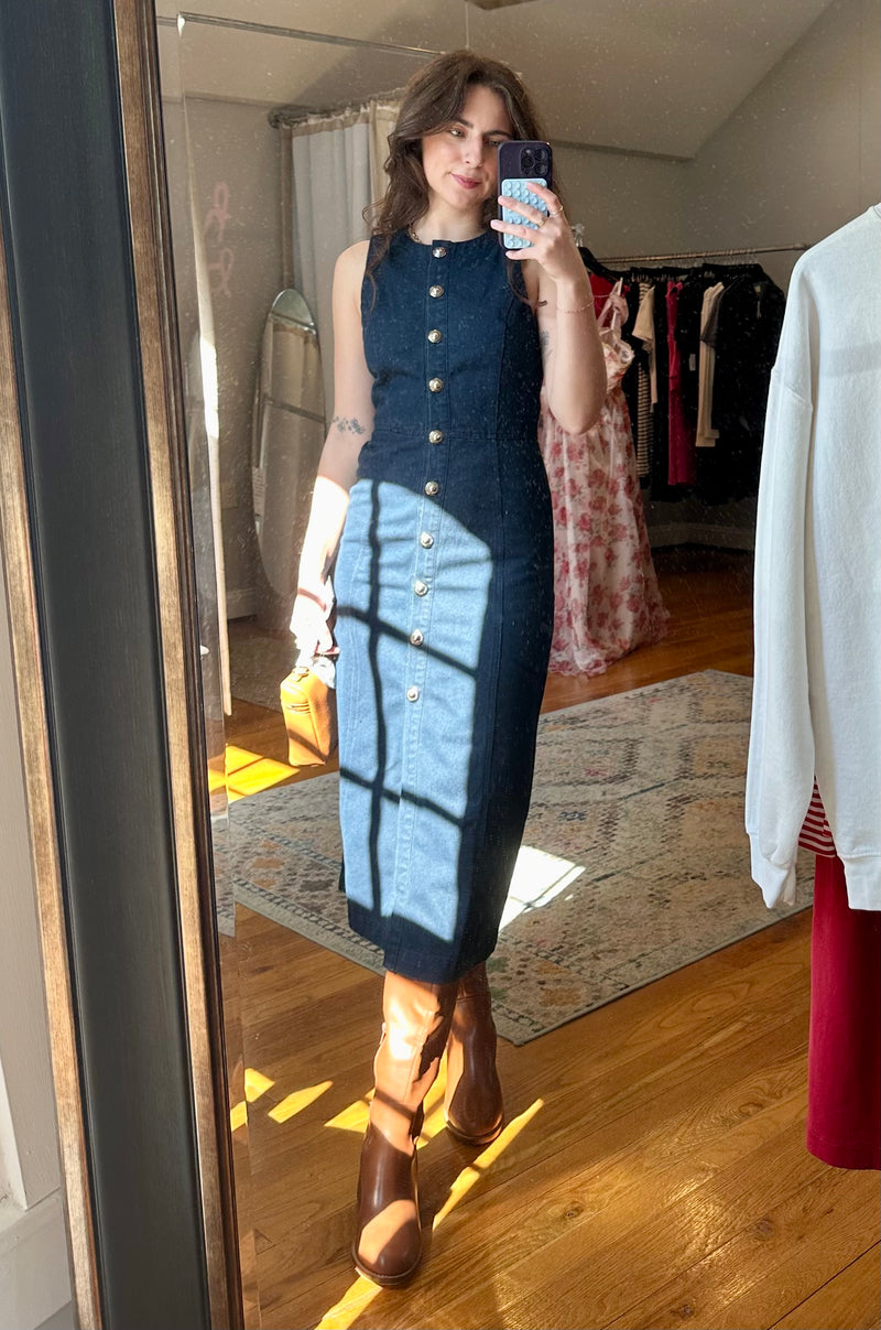 Betty Button Down Sleeveless Denim Midi Dress Betty Button Down Sleeveless Denim Midi Dress