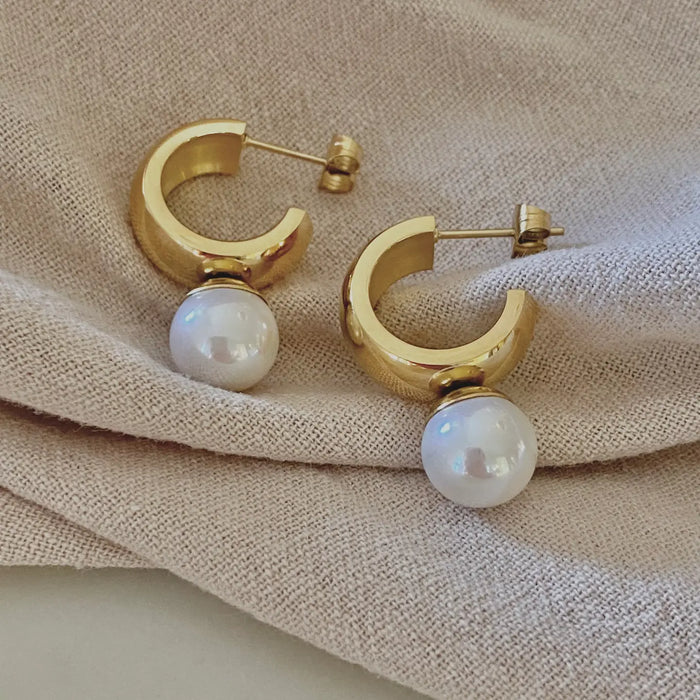 Single Pearl Hoop Earrings 18k Gold Plated Stainless Steel