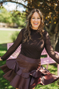 Burgundy Flared Hem Faux Leather Mini Skirt