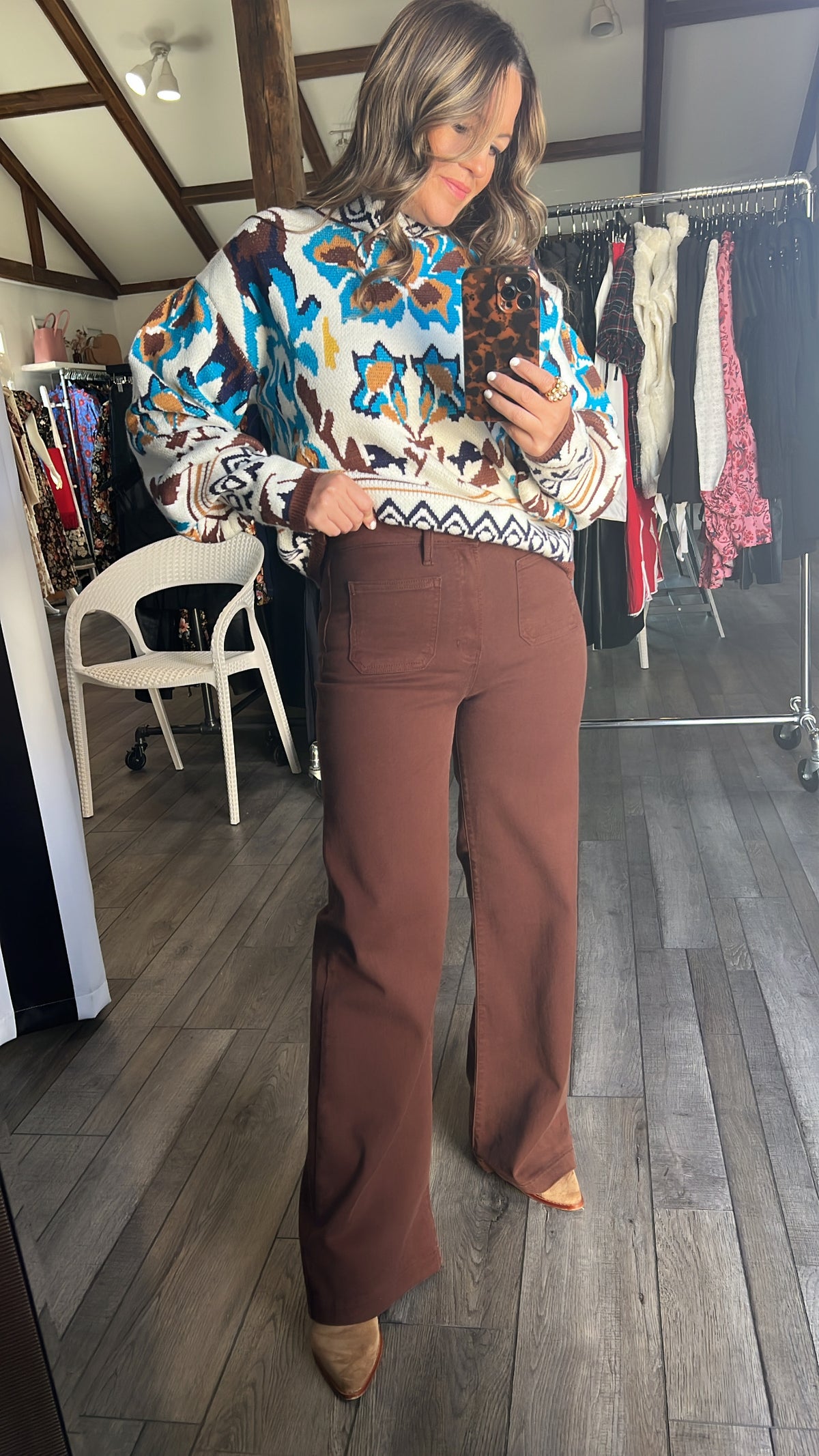 Dark Brown Mini Patch Pocket Wide Leg Jeans