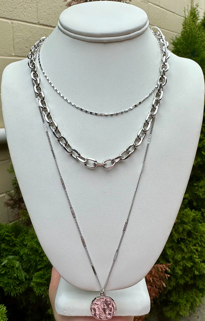 Rhodium Coin Layer Chain Necklace