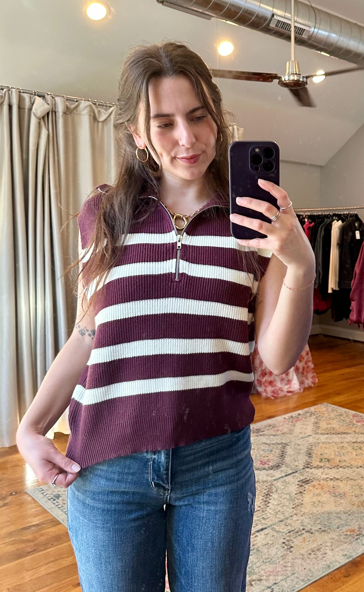 Cherry Stripe Sleeveless Zip Sweater