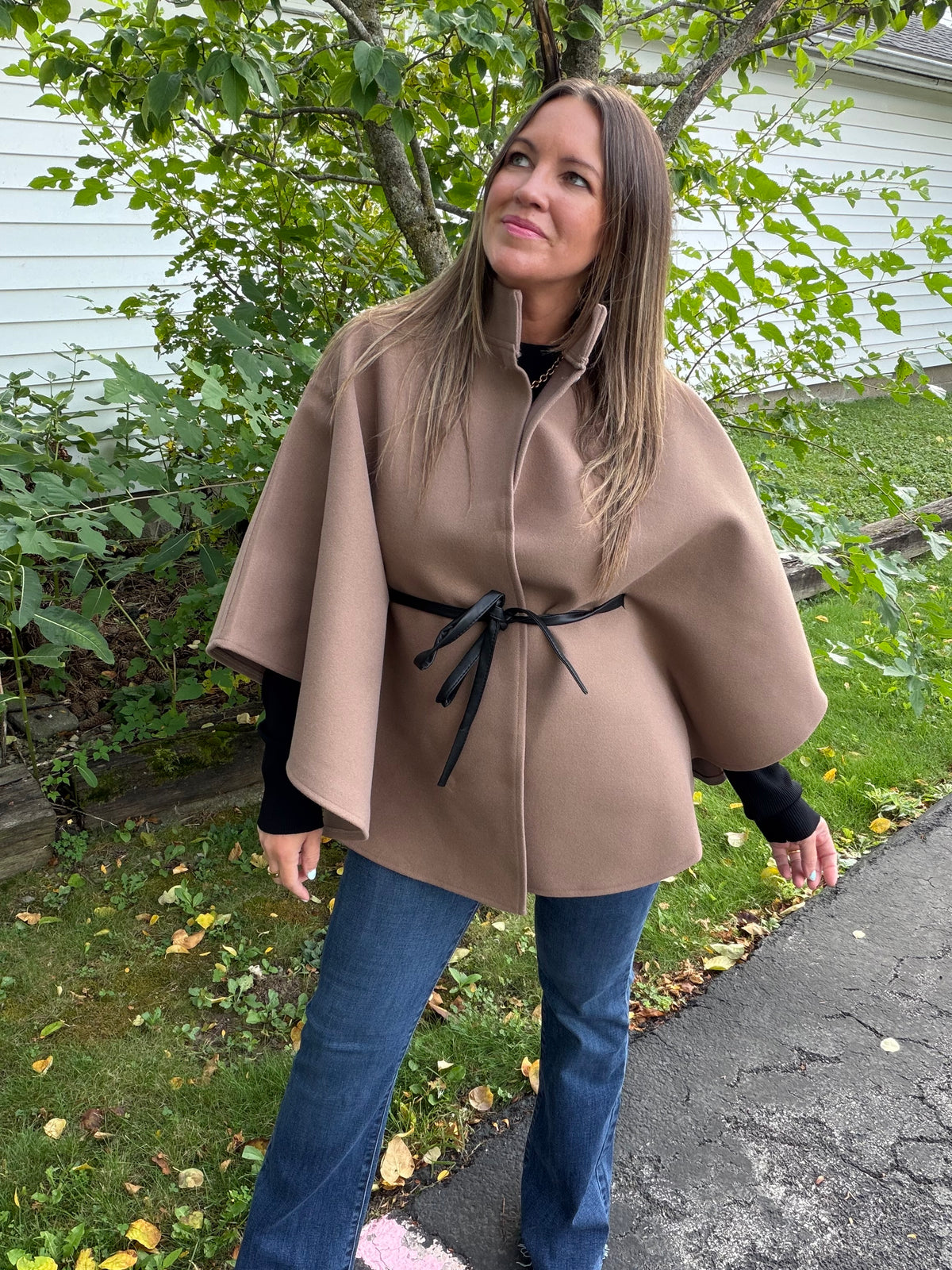Funnel Neck Cape With Faux Leather Belt