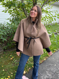 Funnel Neck Cape With Faux Leather Belt