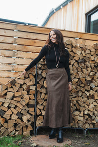 Fluted Gore Hem Suede Skirt