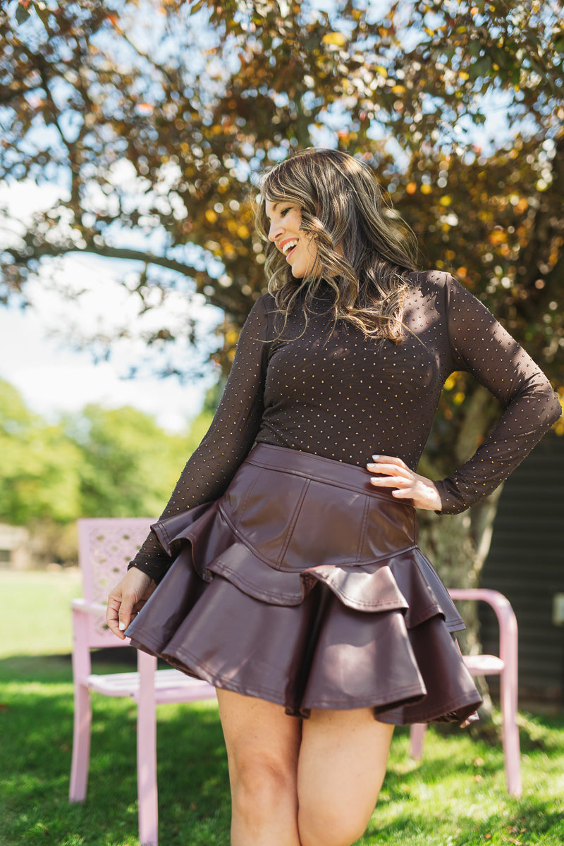 Burgundy Flared Hem Faux Leather Mini Skirt