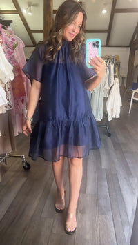 Navy Organza Tie Back Dress