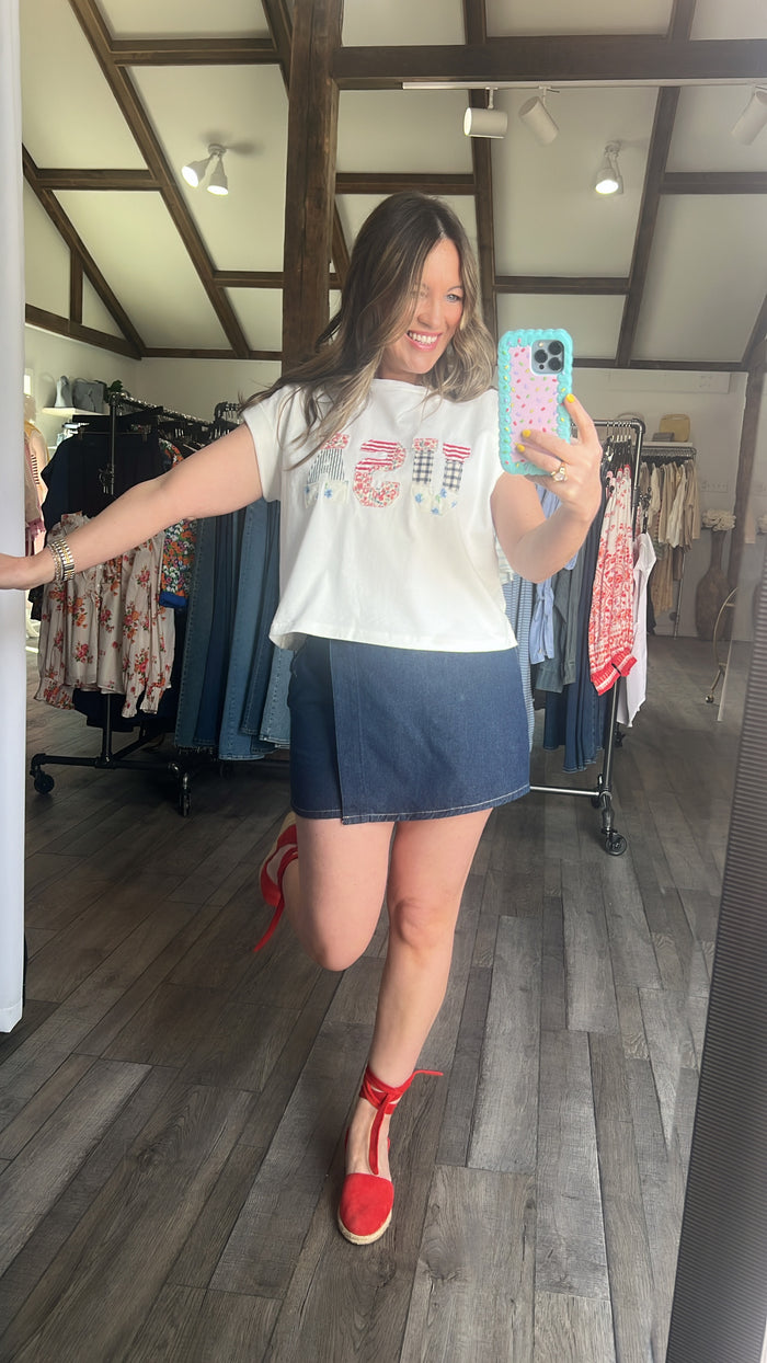 USA Floral Patchwork Front T Shirt