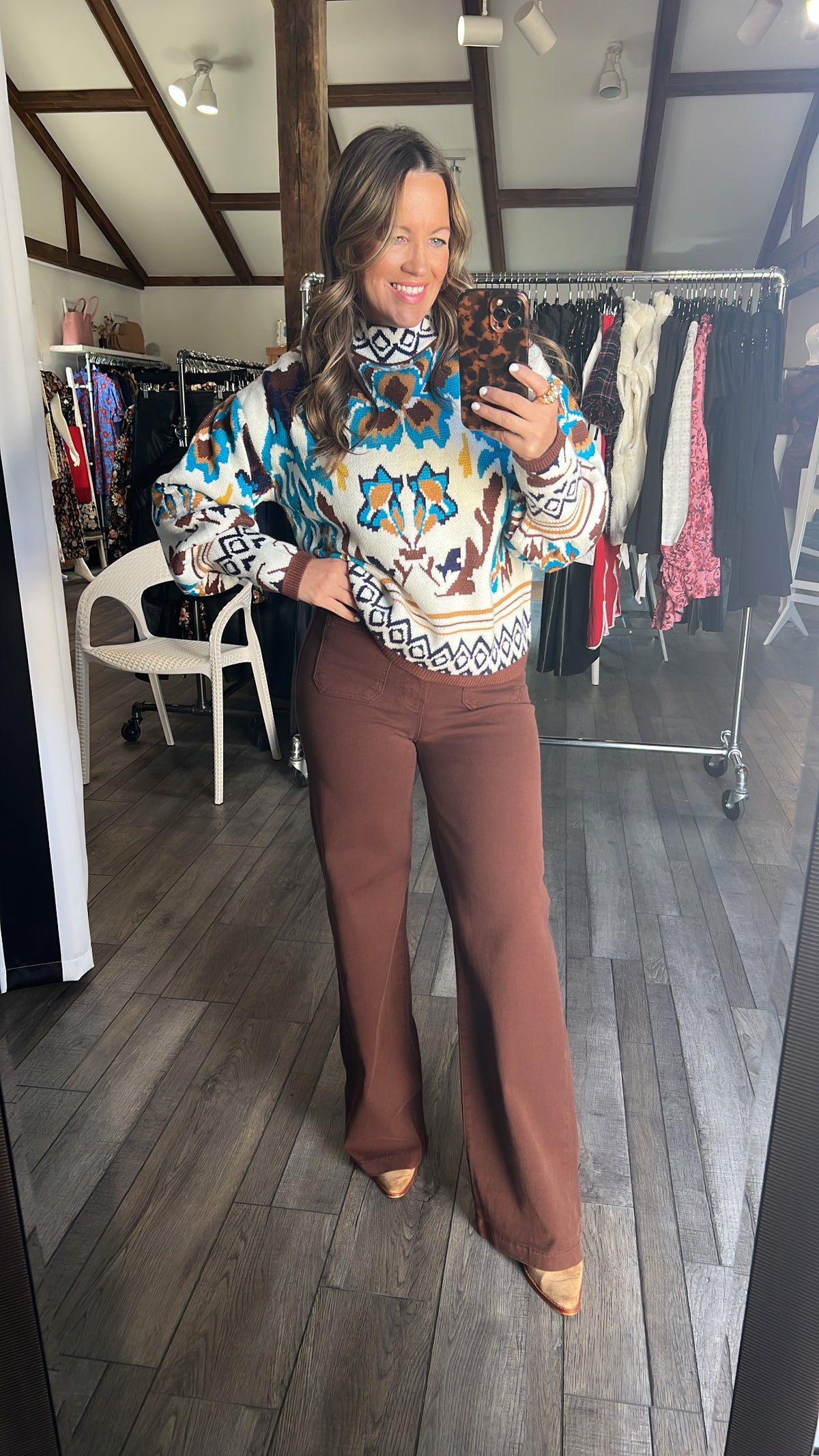 Dark Brown Mini Patch Pocket Wide Leg Jeans