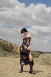Nightfall Floral Strapless Bias Cut Maxi Dress