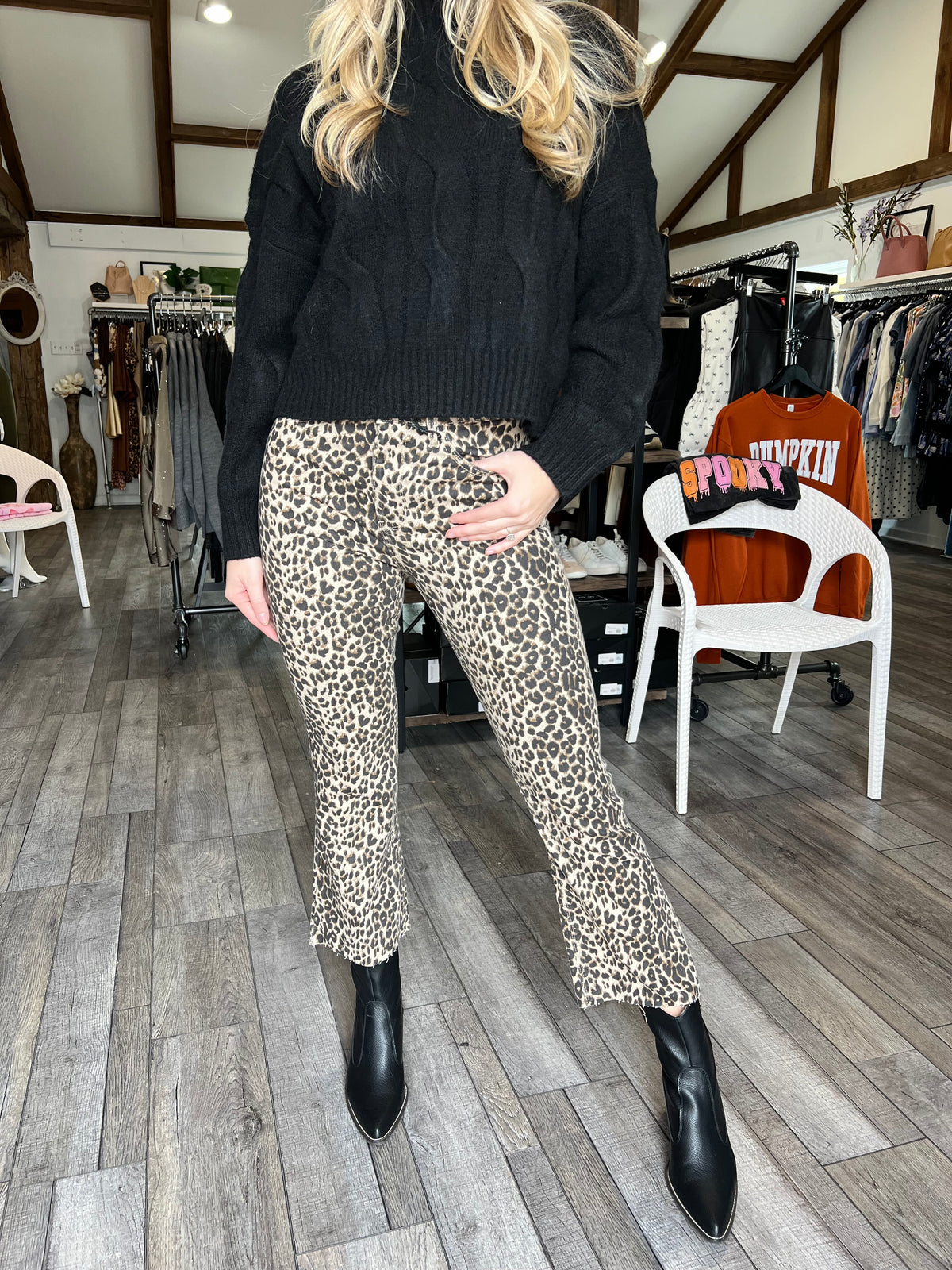 Leopard Crop Flare High Rise Jeans