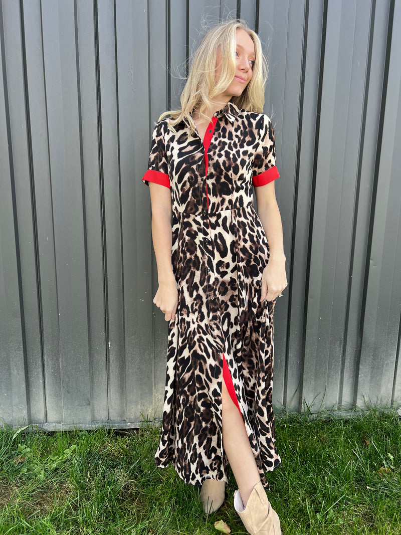 Maxi Leopard Button-Down Dress with Red Details