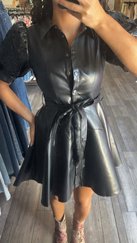 Black Night Faux Leather Button Dress With Eyelet Cutout Sleeve