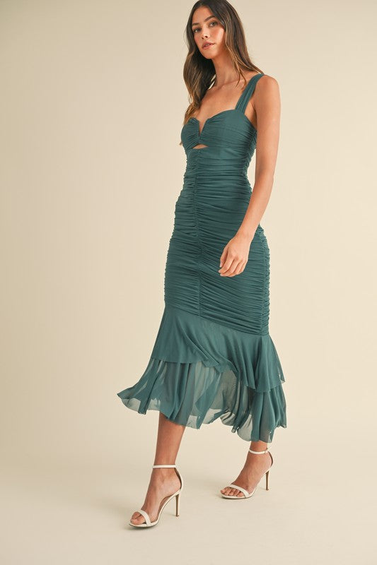 Teal Ruched Mesh Fish Tale Dress