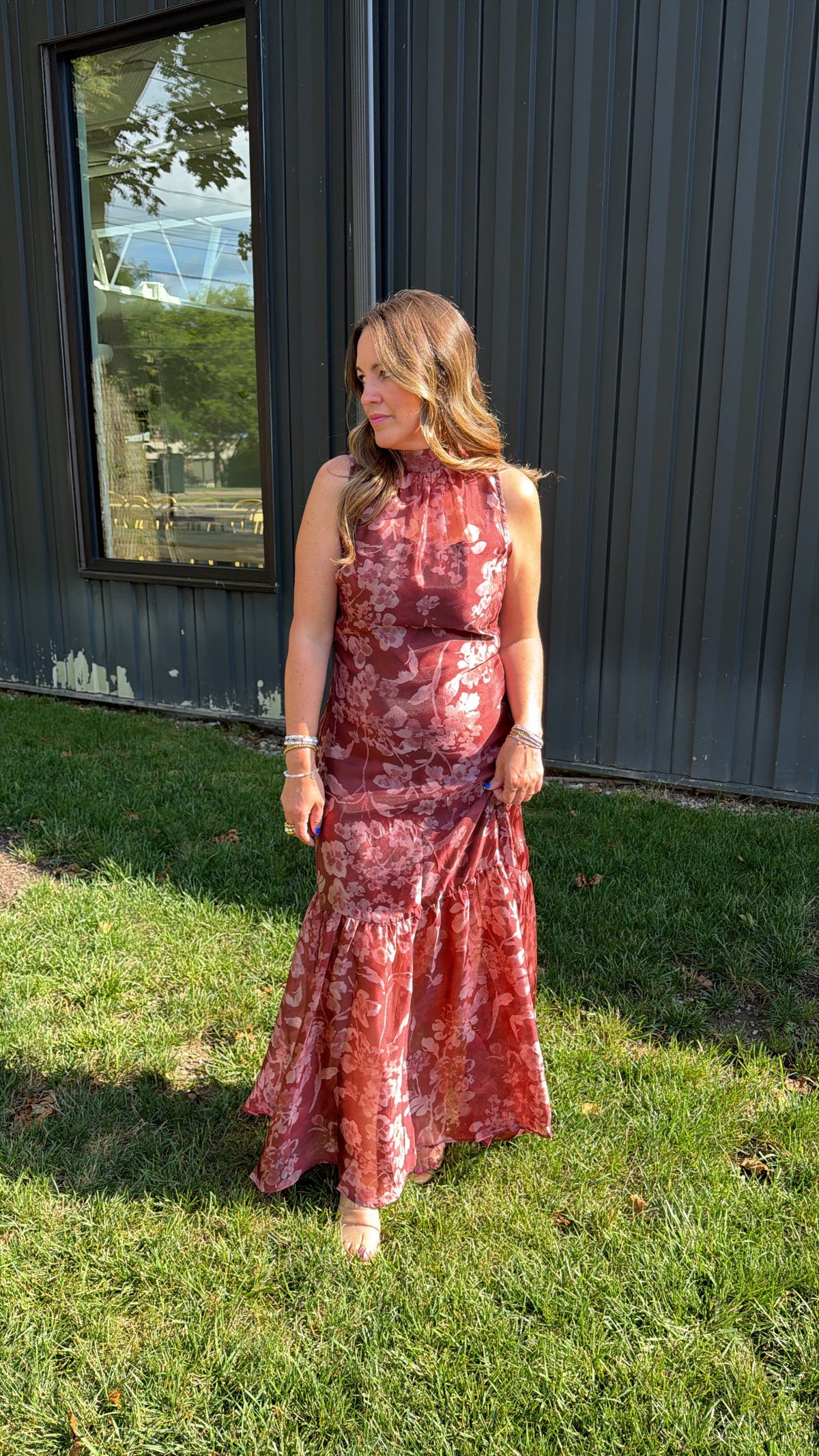 Autumn Rose Organza Mock Neck Maxi Dress