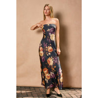 Nightfall Floral Strapless Bias Cut Maxi Dress
