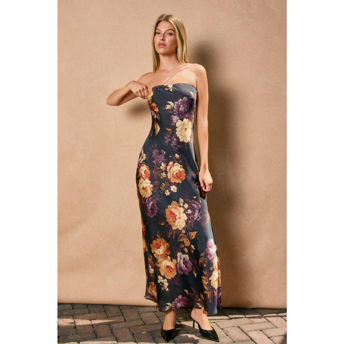 Nightfall Floral Strapless Bias Cut Maxi Dress